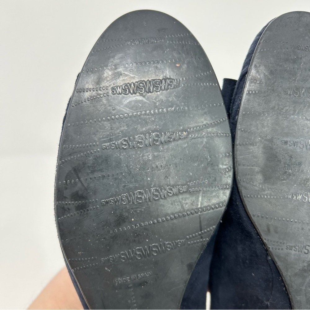 Stuart Weitzman Navy Blue Leather Wedges Size 8 ** with Ribbon Chain Toe Detail - Picture 9 of 14